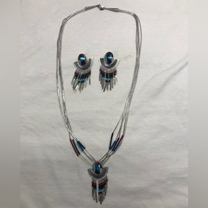 QT Quoc Turquoise Sterling Inlaid Native American Indian Necklace & Earring Set
